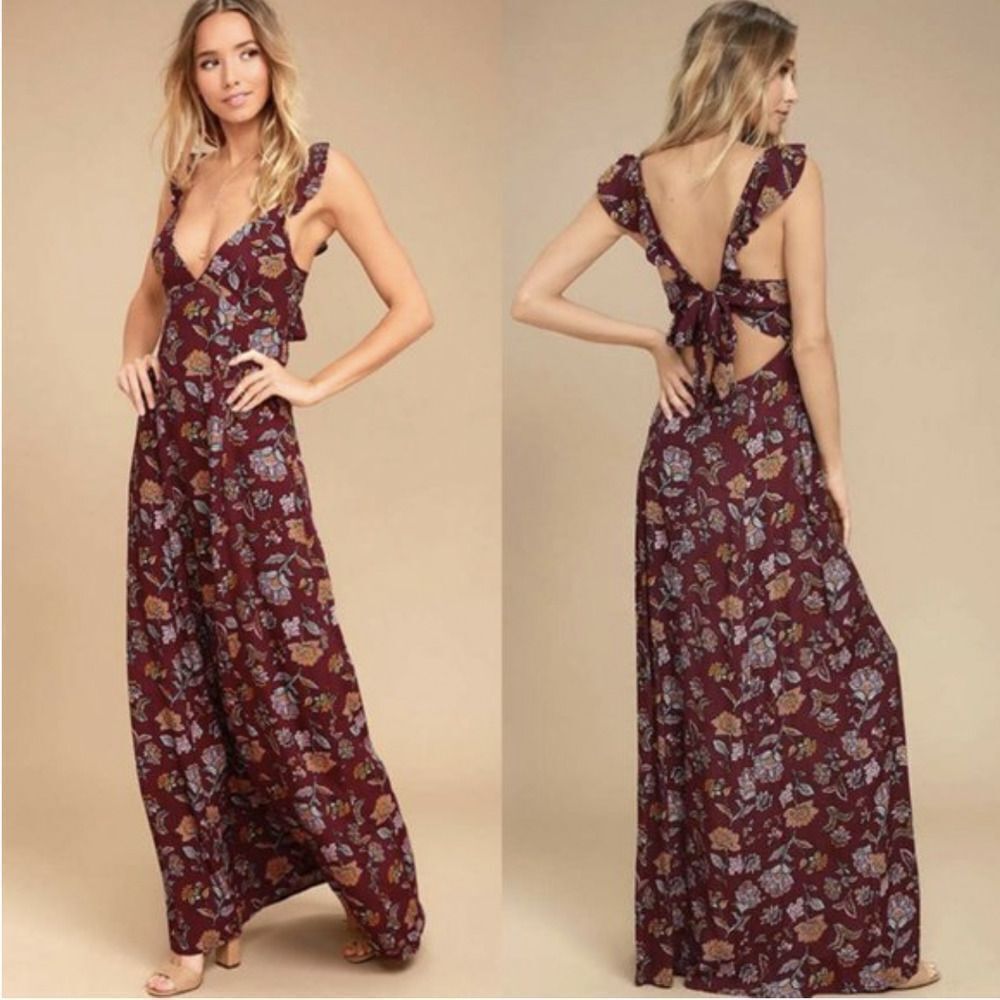 Lulus Burgundy Floral Ruffle Sleeve Open Back Maxi Dress